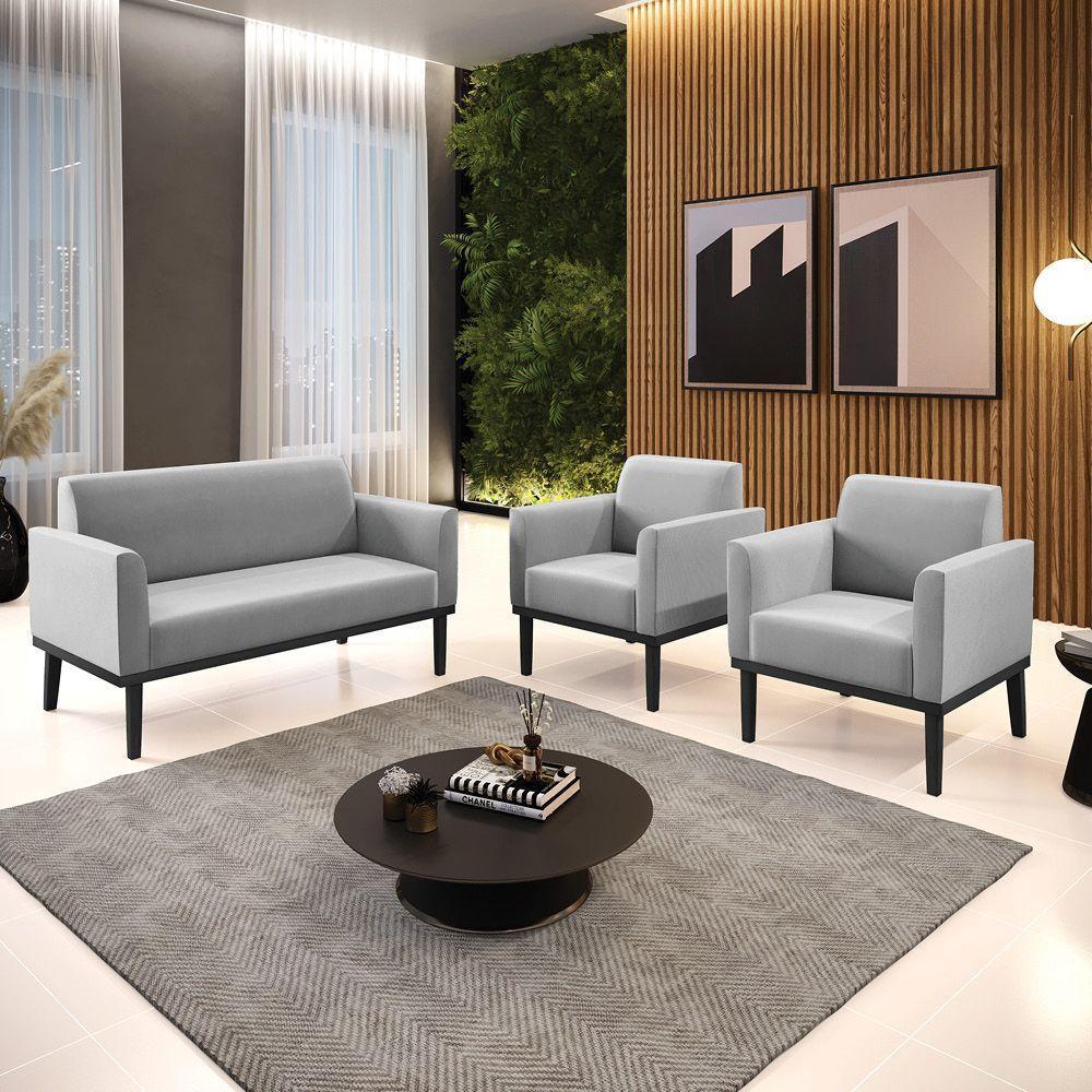 Sofá Namoradeira Com 2 Poltronas Base De Madeira Fixa Preto Marisa Suede Cinza D03 - D'Rossi - 4