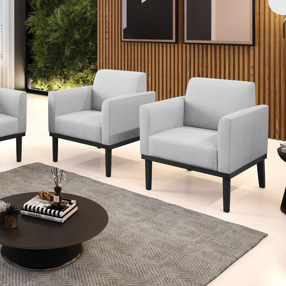 Kit 2 Poltronas Base De Madeira Fixa Preto Marisa Linho Cinza A05 D03 - D'Rossi - 4