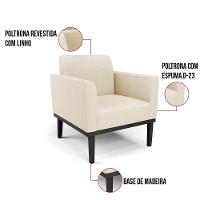 Kit 2 Poltronas Base De Madeira Fixa Preto Marisa Linho Bege A19 D03 - D'Rossi - 2