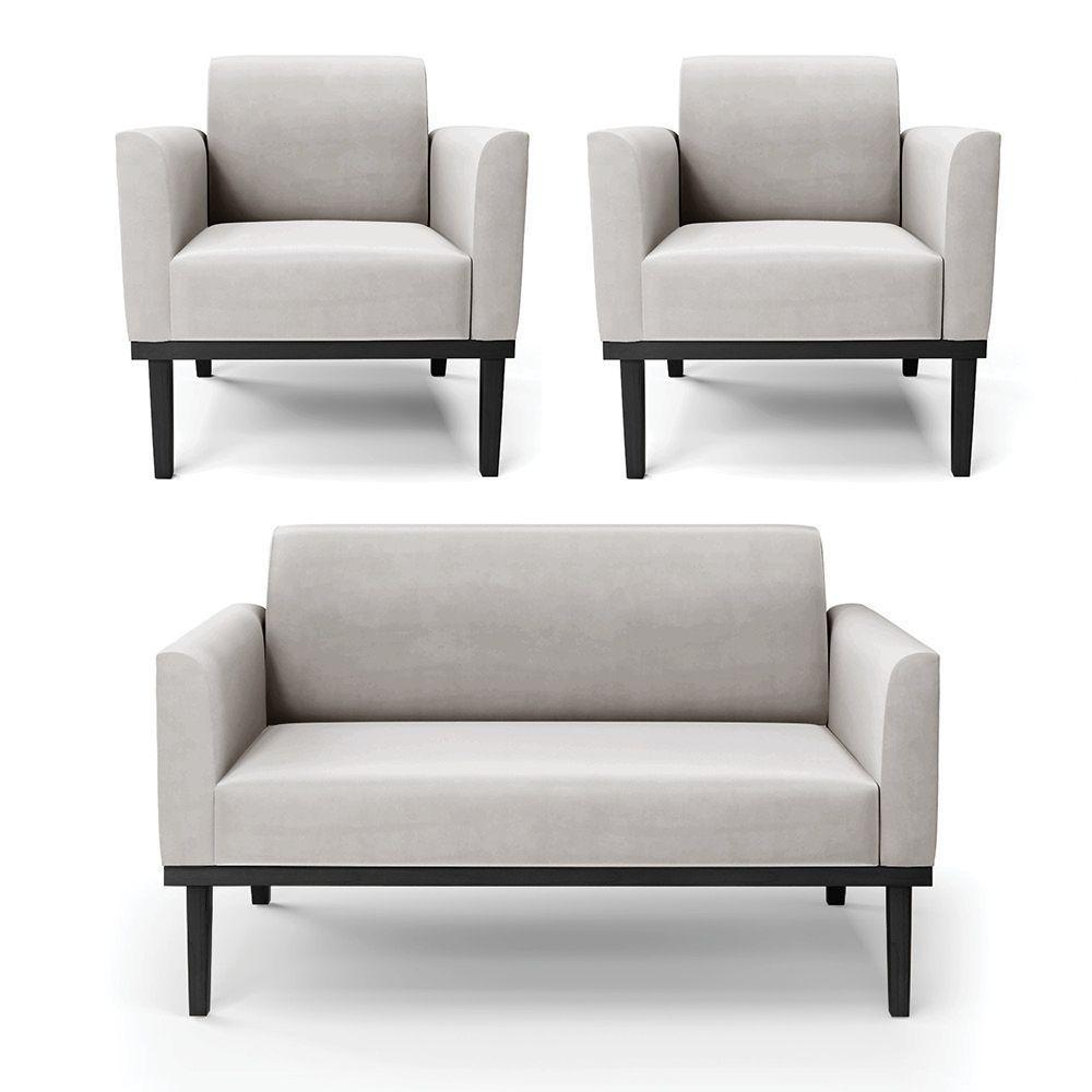 Sofá Namoradeira Com 2 Poltronas Base De Madeira Fixa Preto Marisa Veludo D03 - D'Rossi Cinza - 1