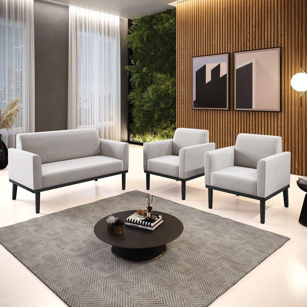 Sofá Namoradeira Com 2 Poltronas Base De Madeira Fixa Preto Marisa Veludo D03 - D'Rossi Cinza - 2