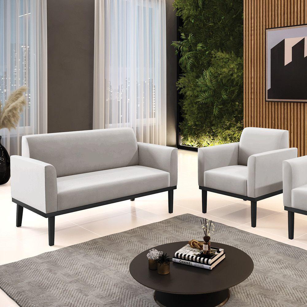 Sofá Namoradeira Com Poltrona Base De Madeira Fixa Preto Marisa Veludo D03 - D'Rossi Cinza - 5