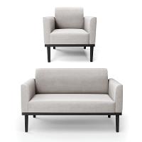 Sofá Namoradeira Com Poltrona Base De Madeira Fixa Preto Marisa Veludo D03 - D'Rossi Cinza - 1