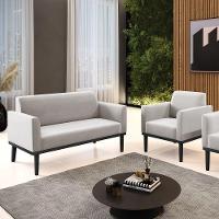 Sofá Namoradeira Com Poltrona Base De Madeira Fixa Preto Marisa Veludo D03 - D'Rossi Cinza - 3