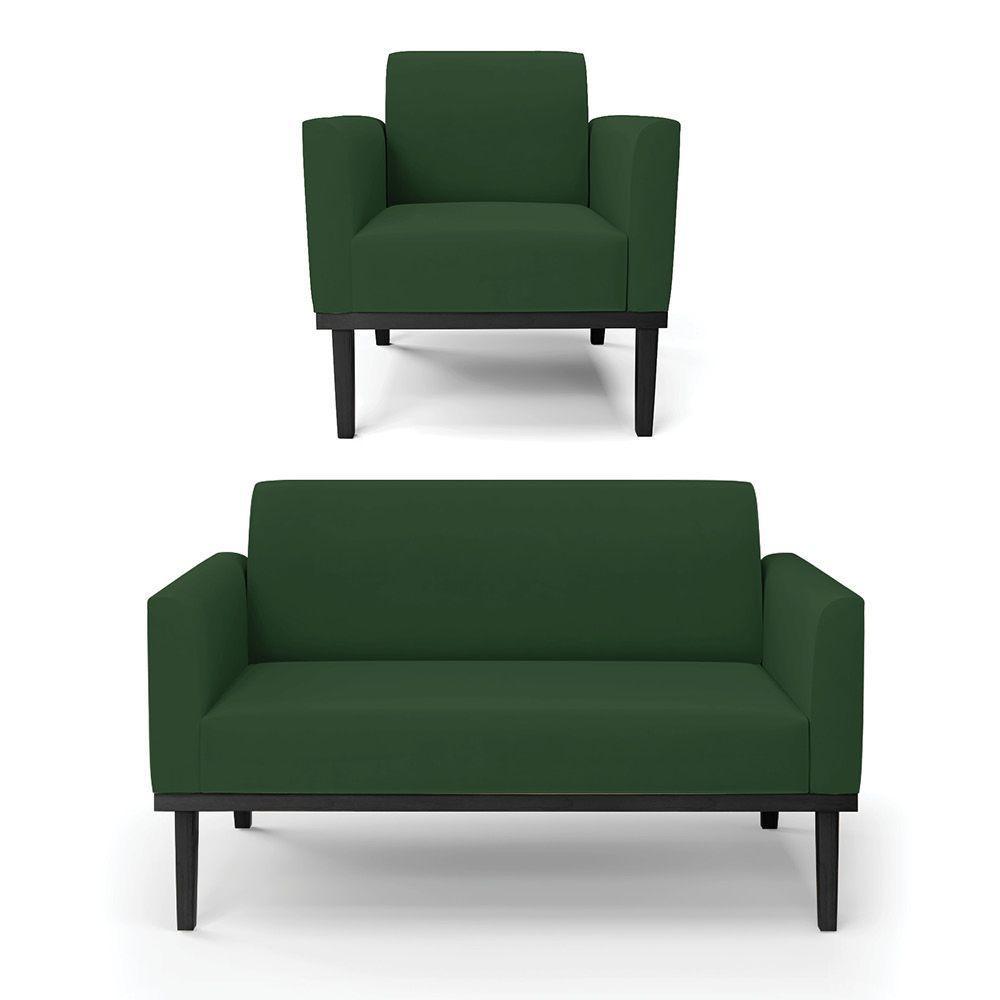 Sofá Namoradeira Com Poltrona Base De Madeira Fixa Preto Marisa Veludo Verde D03 - D'Rossi - 1