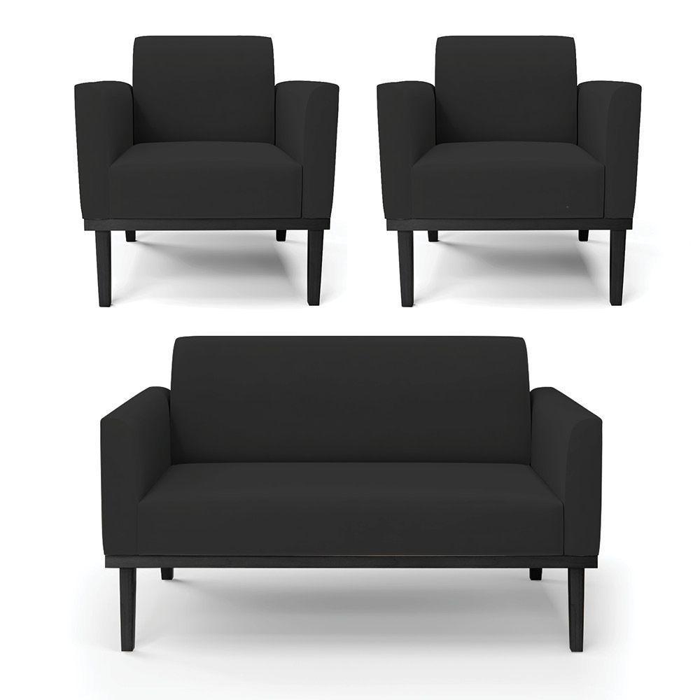 Sofá Namoradeira Com 2 Poltronas Base De Madeira Fixa Preto Marisa Veludo Preto D03 - D'Rossi - 1