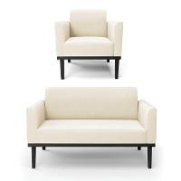 Sofá Namoradeira Com Poltrona Base De Madeira Fixa Preto Marisa Veludo Bege D03 - D'Rossi - 1