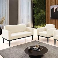 Sofá Namoradeira Com Poltrona Base De Madeira Fixa Preto Marisa Veludo Bege D03 - D'Rossi