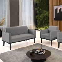 Sofá Namoradeira Com Poltrona Base De Madeira Fixa Preto Marisa Linho Grafite A26 D03 - D'Rossi - 5