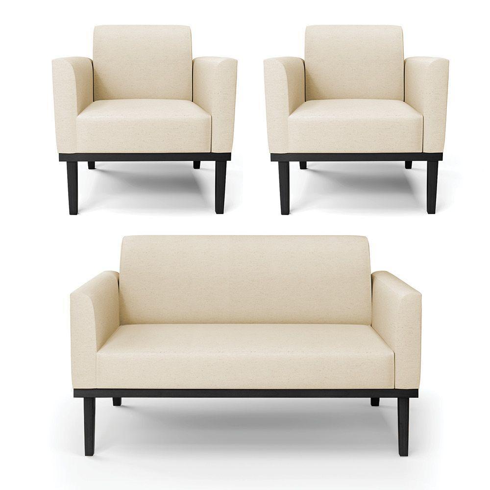 Sofá Namoradeira Com 2 Poltronas Base De Madeira Fixa Preto Marisa Linho D03 - D'Rossi A19 Bege - 1