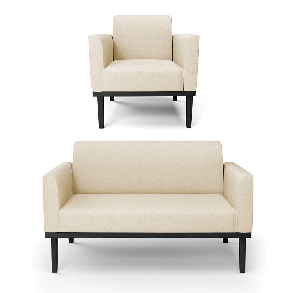 Sofá Namoradeira Com Poltrona Base De Madeira Fixa Preto Marisa Linho Bege A19 D03 - D'Rossi - 1