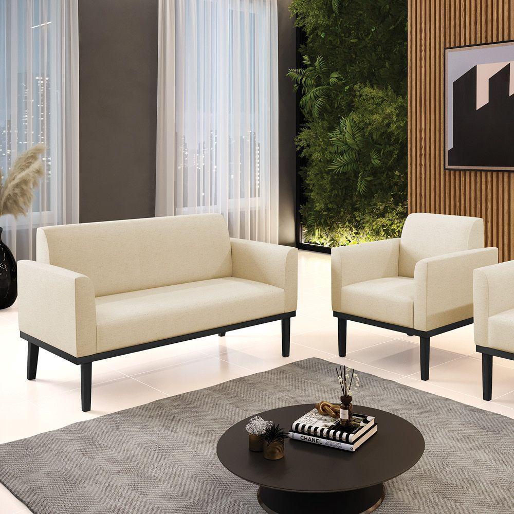 Sofá Namoradeira Com Poltrona Base De Madeira Fixa Preto Marisa Linho Bege A19 D03 - D'Rossi - 4