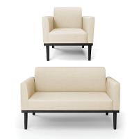 Sofá Namoradeira Com Poltrona Base De Madeira Fixa Preto Marisa Linho Bege A19 D03 - D'Rossi - 1