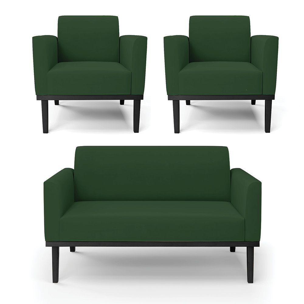 Sofá Namoradeira Com 2 Poltronas Base De Madeira Fixa Preto Marisa Veludo Verde D03 - D'Rossi - 1