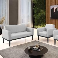 Sofá Namoradeira Com Poltrona Base De Madeira Fixa Preto Marisa Linho Cinza A05 D03 - D'Rossi - 5