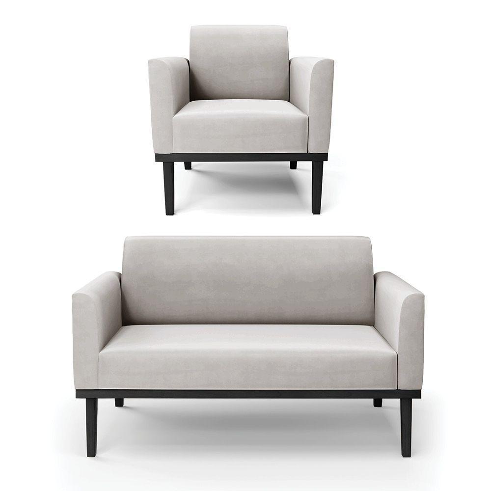 Sofá Namoradeira Com Poltrona Base De Madeira Fixa Preto Marisa Veludo Cinza D03 - D'Rossi - 1