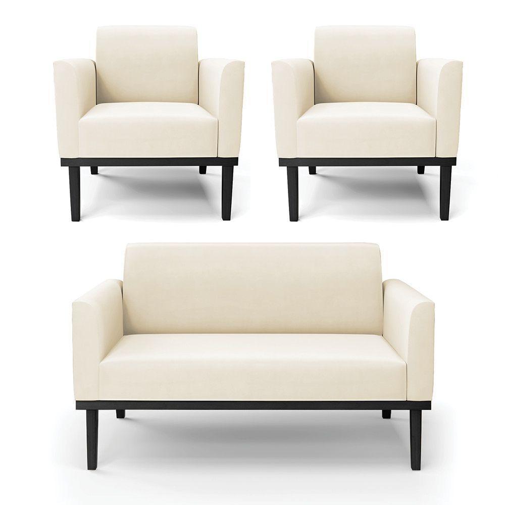 Sofá Namoradeira Com 2 Poltronas Base De Madeira Fixa Preto Marisa Veludo Bege D03 - D'Rossi - 1