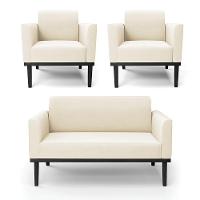 Sofá Namoradeira Com 2 Poltronas Base De Madeira Fixa Preto Marisa Veludo Bege D03 - D'Rossi - 1