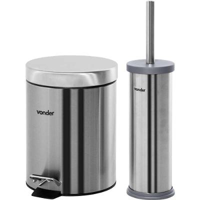 Lixeira Redonda 5l Inox Cinza Com Escova Sanitária Vonder