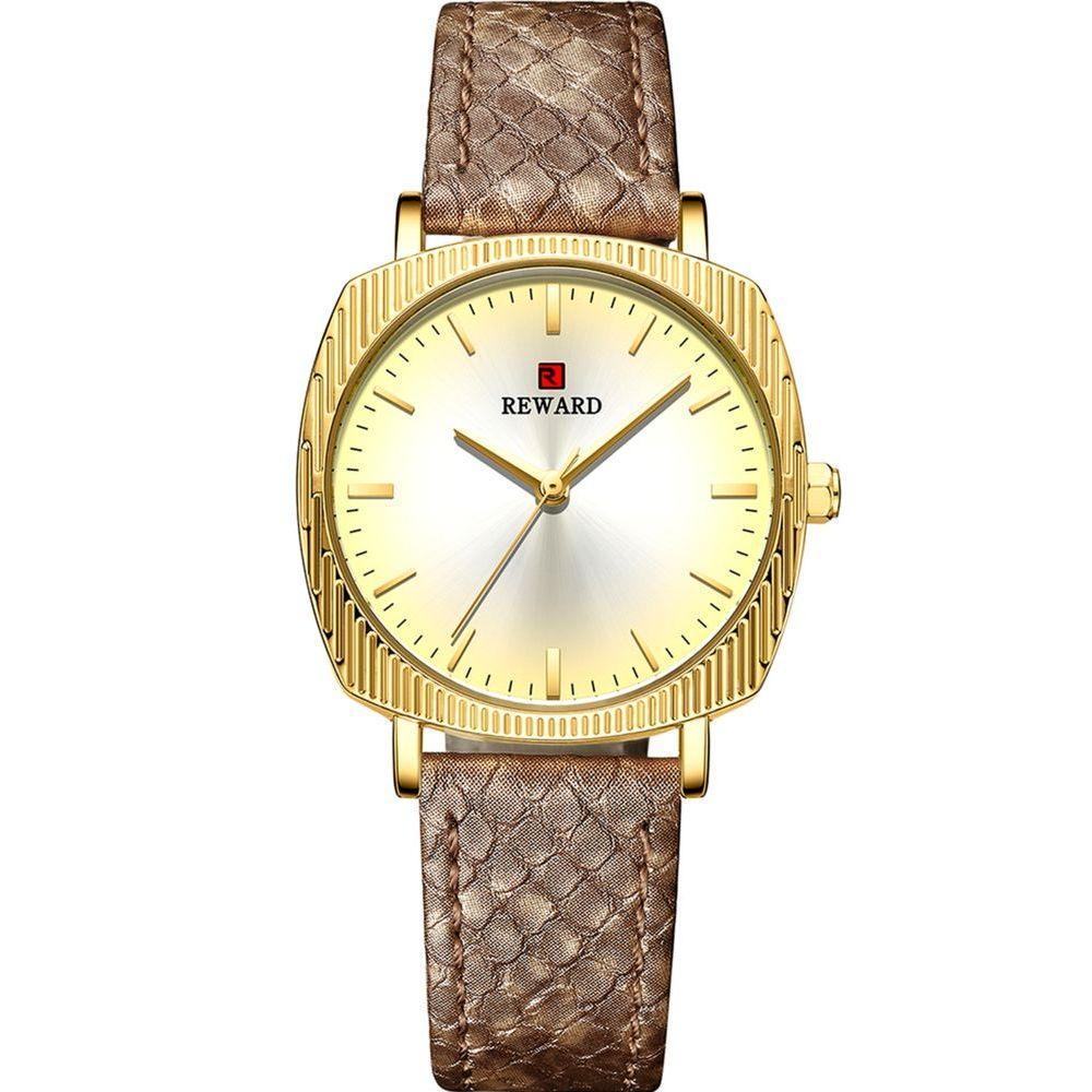 Relógio De Quartzo Feminino Com Estampa Cobra Animal Print Pulseira De Couro Dourado - 1