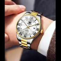 Relógio Masculino Em Aço Inoxidável Quartzo Escala Romana Moda Classica Dourado - 2