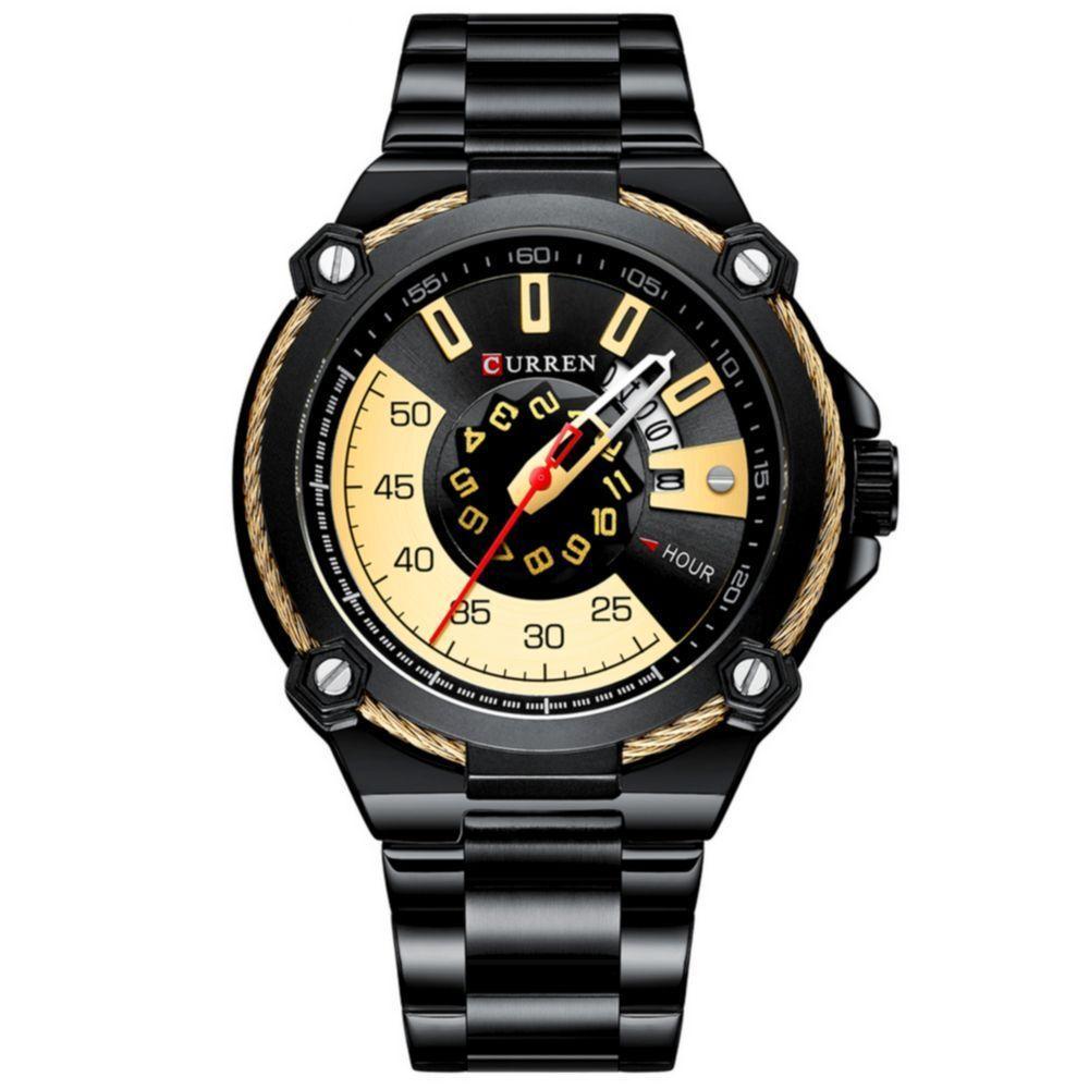 Relógio De Pulso De Quartzo Masculino Pulseira De Aço Inoxidável Preto Dourado - 1