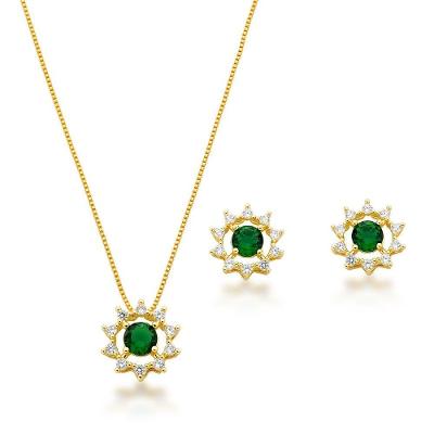 Conjunto Brincos E Colar Redondo Verde Escuro Com Zirconias Banhado A Ouro 18k - 60cm