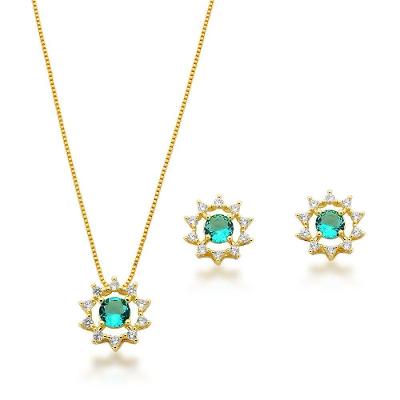Conjunto Brincos E Colar Redondo Verde Claro Com Zirconias Banhado A Ouro 18k - 60cm
