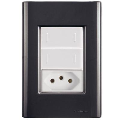 Cj Dois Interruptor Duplo E Tomada 20a Giz Grafite Tramontina Completo Pronto Tramontina
