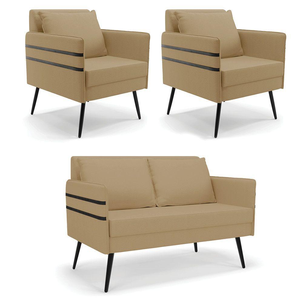 Kit 01 Namoradeira E 02 Poltronas Linho A32 Palha - 1