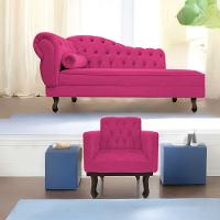 Kit Diva Recamier Diana 185Cm Lado Direito E 01 Poltrona Classic Suede - Doce Sonho Móveis Pink - 1