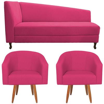 Kit Diva Recamier Heitor 185Cm Lado Direito E 02 Poltronas Luiza Suede - Doce Sonho Móveis Pink