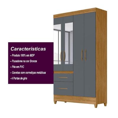 Guarda Roupa Solteiro Madri 4 Portas de Bater 2 Gavetas Freijo - Cinza MDP