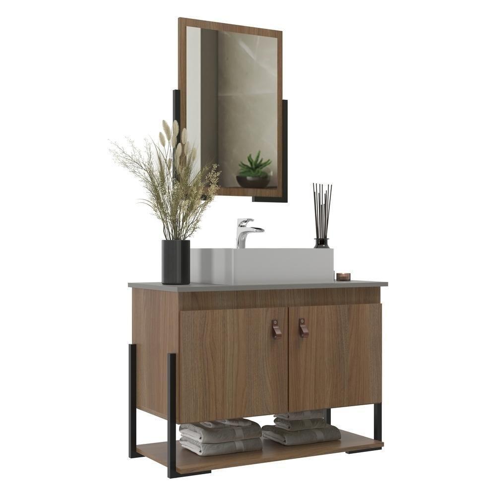 Gabinete Banheiro 60cm 2 Portas Com Cuba E Espelheira Multimóveis Cr10106 Noce/cimento Noce/cimento - 1