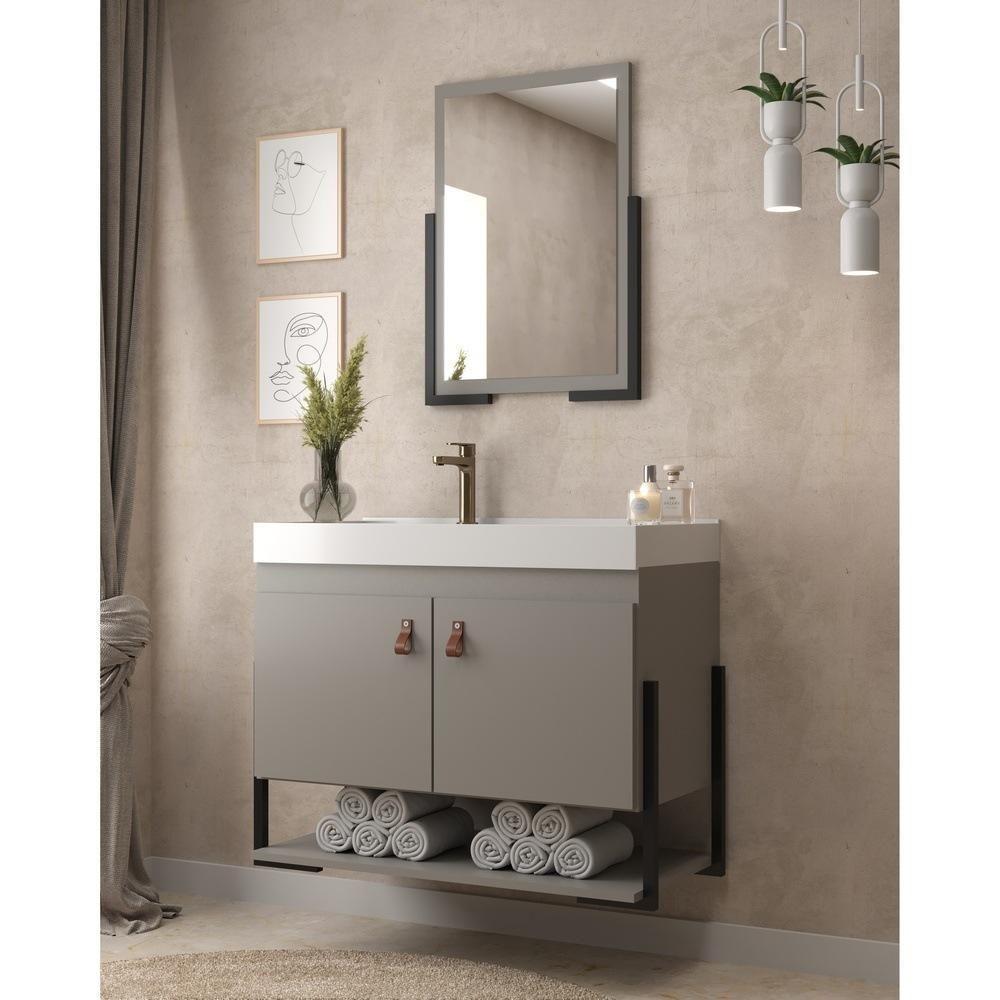 Gabinete Banheiro 60cm 2 Portas Com Cuba E Espelheira Multimóveis Cr10105 Cimento Cimento - 2