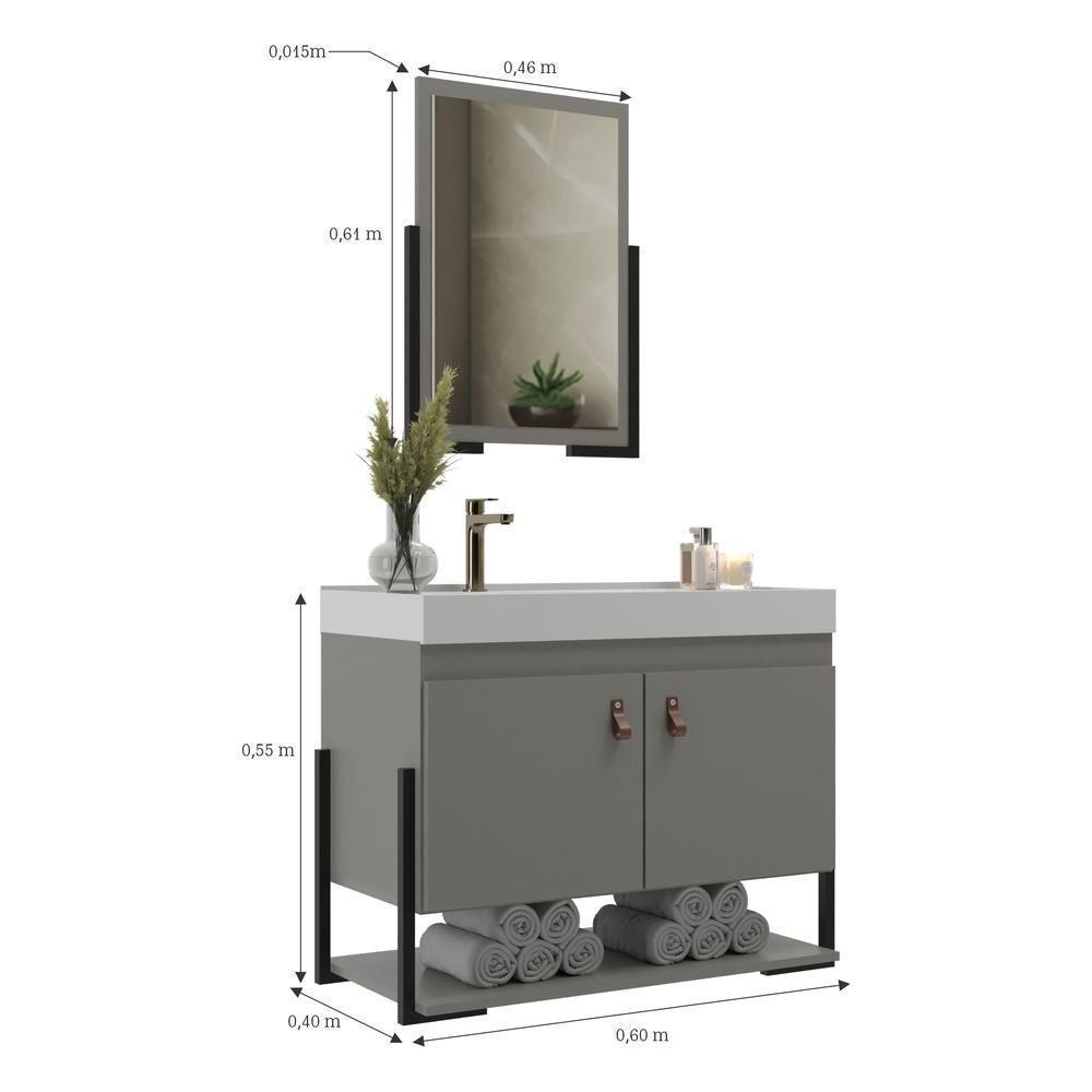 Gabinete Banheiro 60cm 2 Portas Com Cuba E Espelheira Multimóveis Cr10105 Cimento Cimento - 3