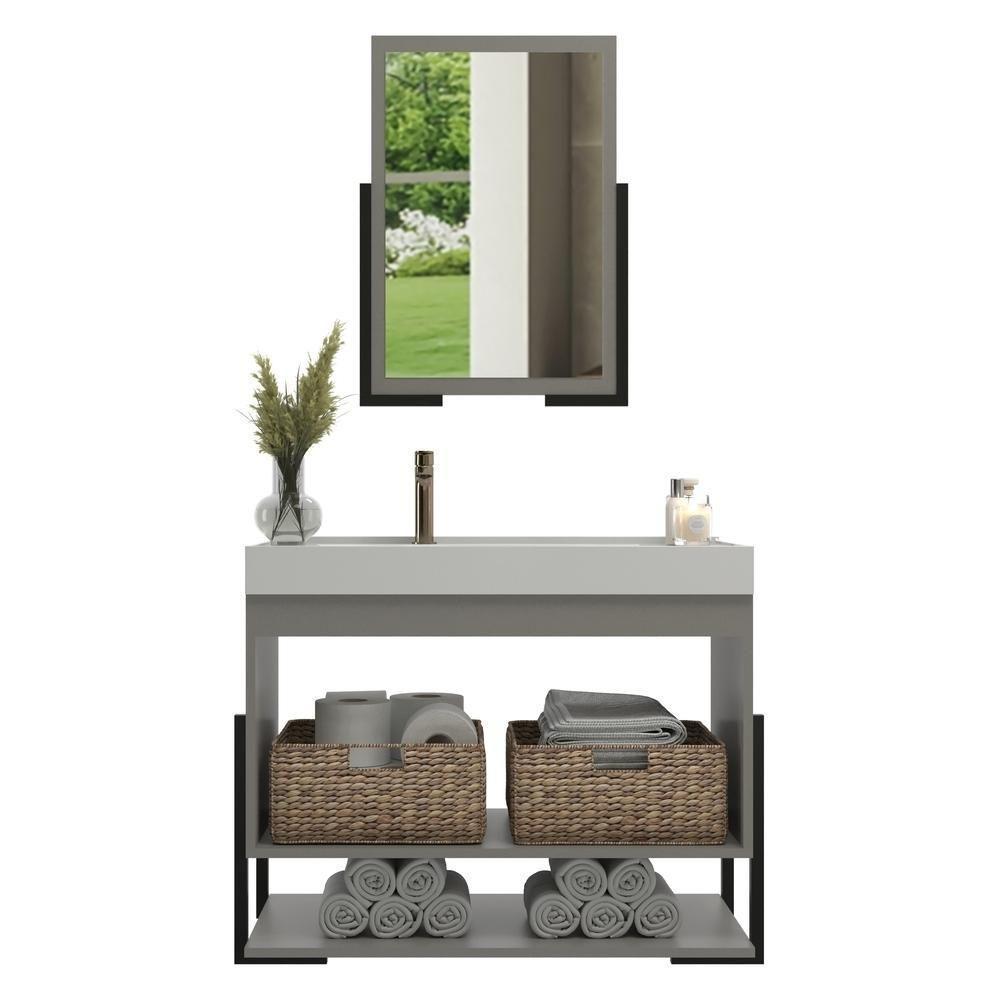 Gabinete Banheiro 60cm 2 Portas Com Cuba E Espelheira Multimóveis Cr10105 Cimento Cimento - 4