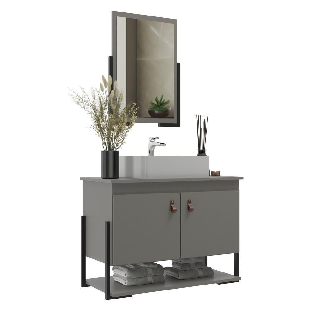 Gabinete Banheiro 60cm 2 Portas Com Cuba E Espelheira Multimóveis Cr10106 Cimento Cimento - 1