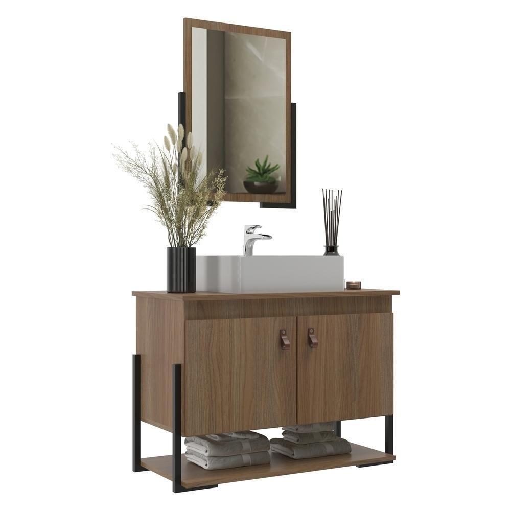 Gabinete Banheiro 60cm 2 Portas Com Cuba E Espelheira Multimóveis Cr10106 Noce Noce - 1