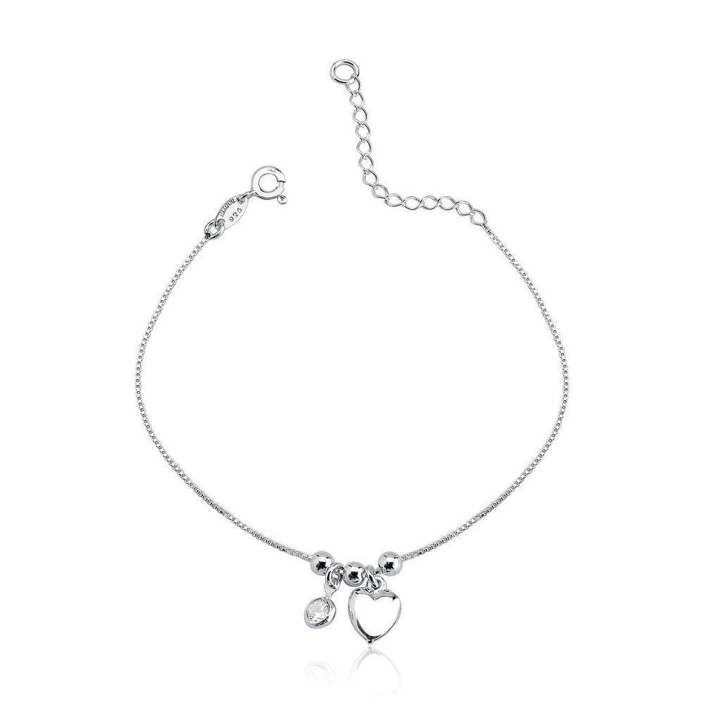 Tornozeleira Bolas 3mm Coração Ponto De Luz Prata 925 - 25cm - 1