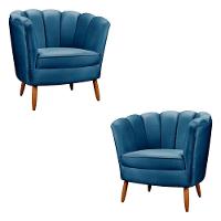 Kit 2 Poltronas Decorativa Ariel Petala Com Pés De Madeira Star Confort Azul - 1