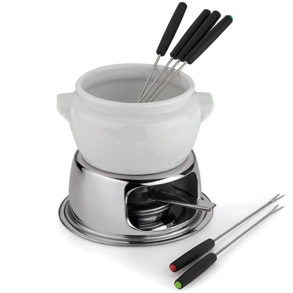 Aparelho Fondue Porcelana Cerâmica 11 Peças Doce Chocolate Kit Conjunto Serviço Base Inox Queimador - 5