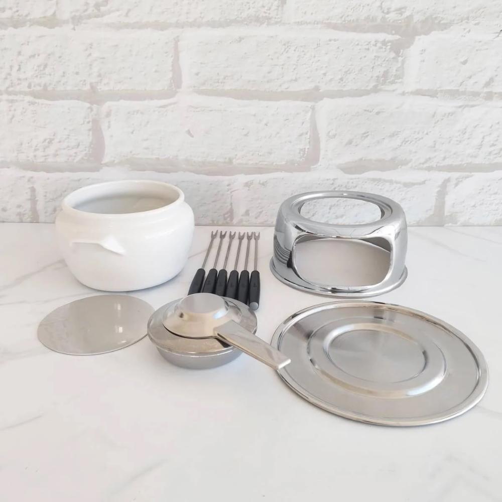 Aparelho Fondue Porcelana Cerâmica 11 Peças Doce Chocolate Kit Conjunto Serviço Base Inox Queimador - 6
