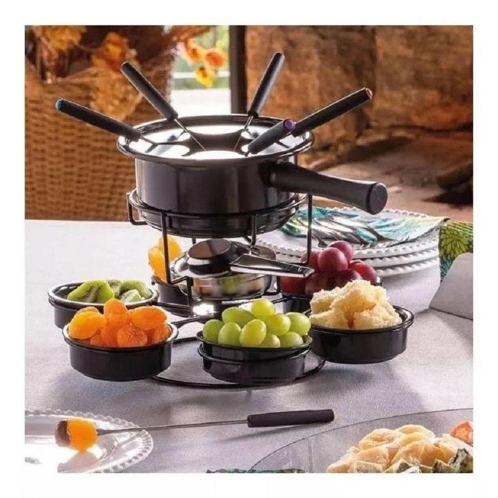 Aparelho De Fondue Esmaltado Viena Carroussel Molheiras Base Giratória 16 Peças Serviço Conjunto Kit - 9