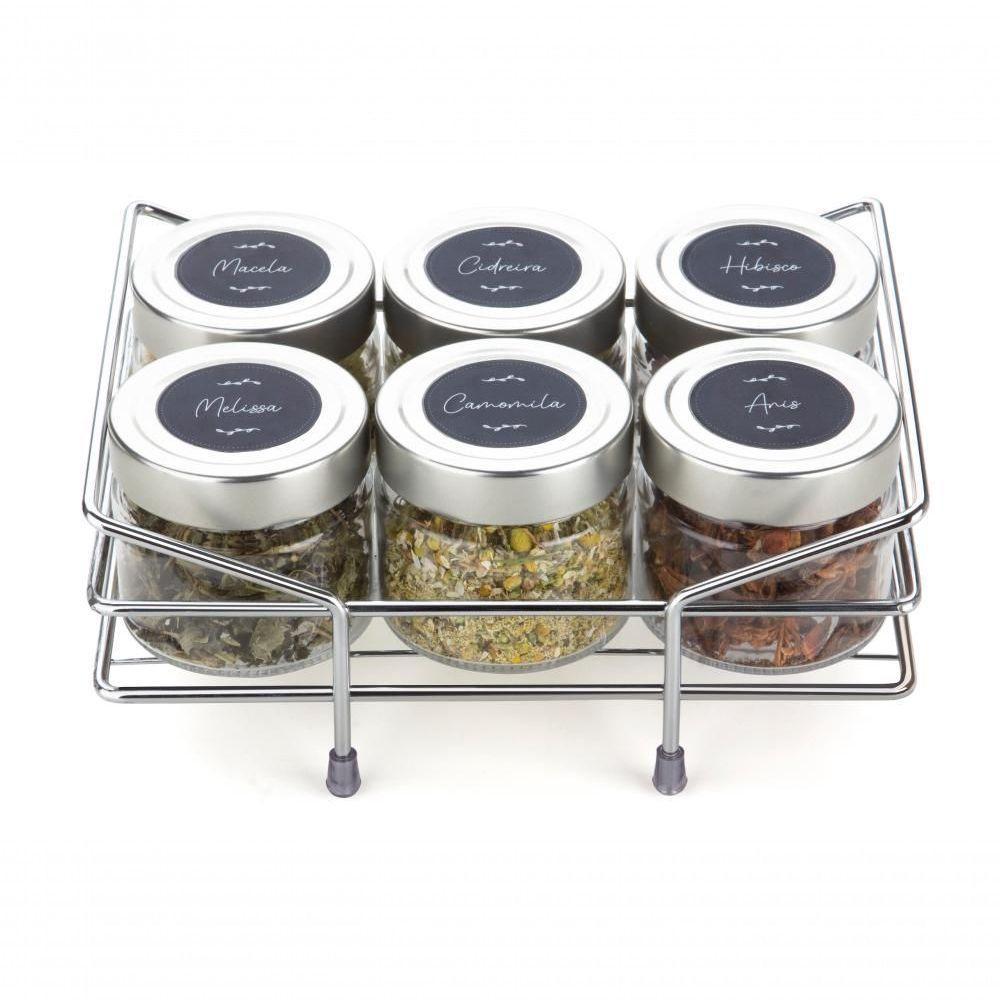 Kit Porta Condimentos Chá Temperos 6 Potes Vidro 195ml Acompanha Cartela Adesivos Para Identificar - 1