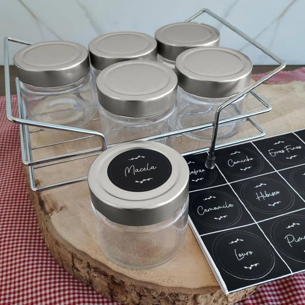 Kit Porta Condimentos Chá Temperos 6 Potes Vidro 195ml Acompanha Cartela Adesivos Para Identificar - 5