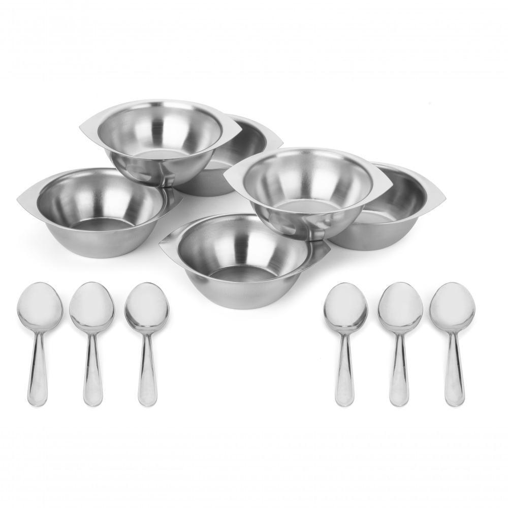 Conjunto Para Servir Sobremesa 6 Bowls Inox + 6 Colheres Inox Kit Completo Multiuso Entradas Sorvete - 1