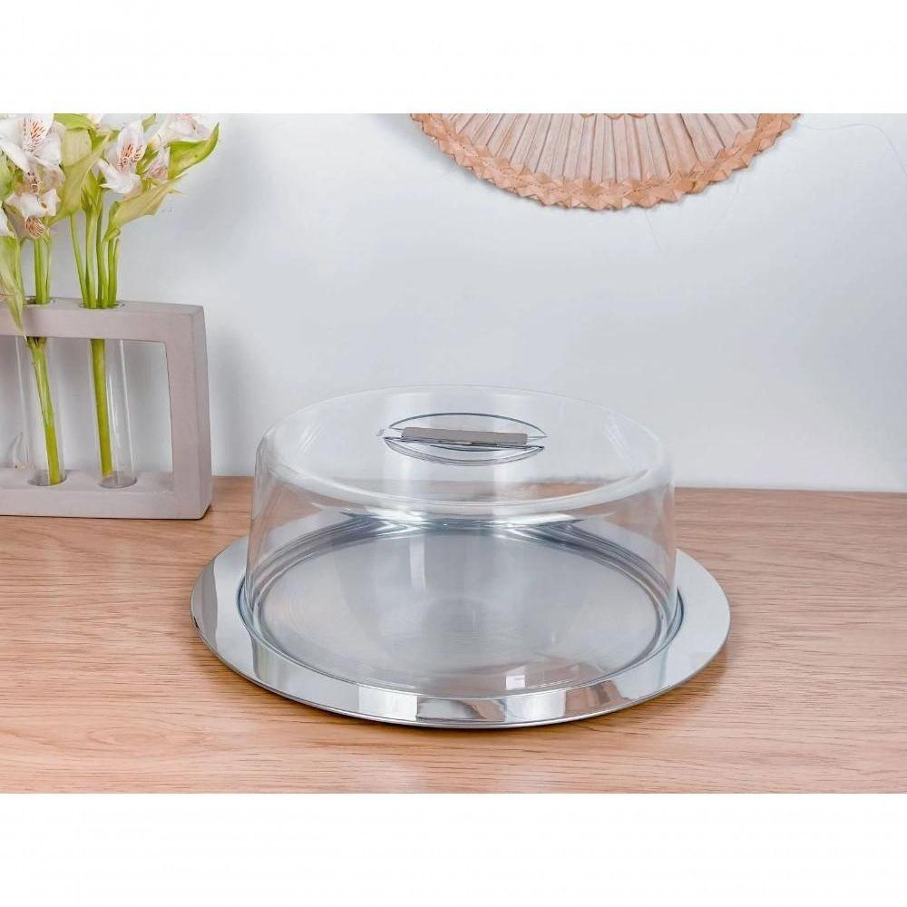 Boleira Prato Para Bolo Inox Com Cúpula Acrílico 33cm Pudim - 2