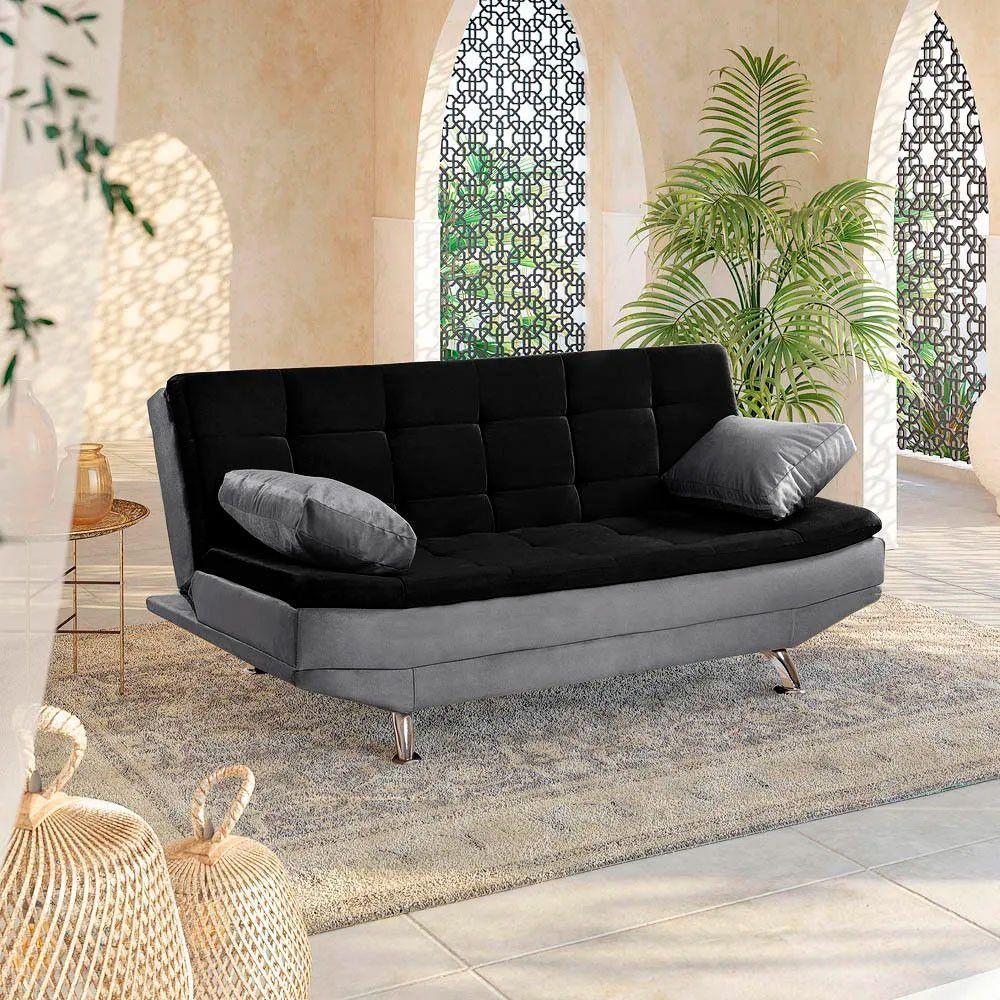 Sofá Cama Valencia 3 Lugares Reclinável Material Preto Com Chumbo - Star Confort Preto Com Chumbo - 3
