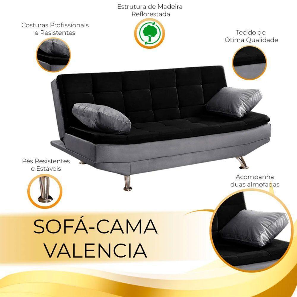 Sofá Cama Valencia 3 Lugares Reclinável Material Preto Com Chumbo - Star Confort Preto Com Chumbo - 6